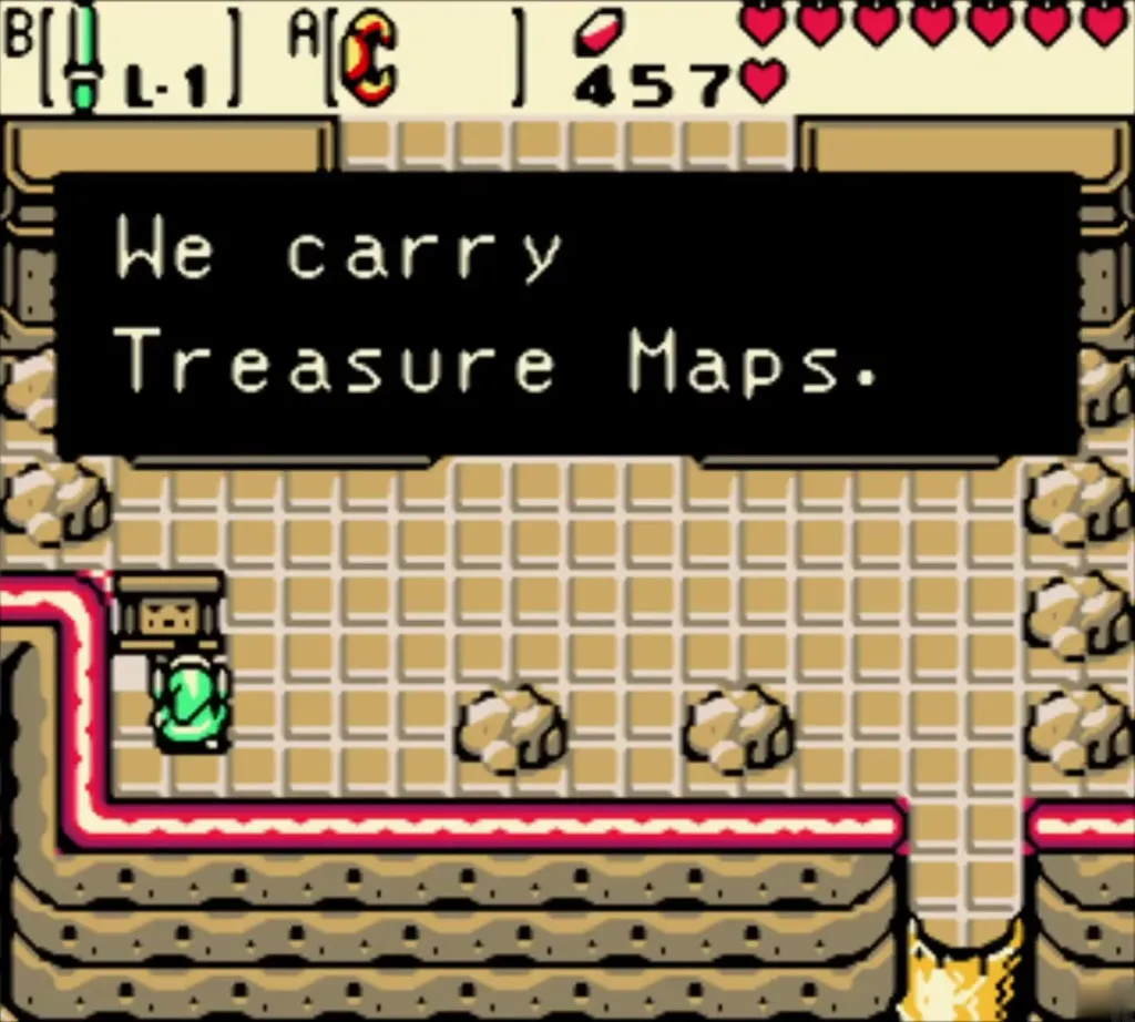 Link reading the sign saying the Horon Shop carries Treasure Maps Link reading the sign saying the Horon Shop carries Treasure Maps