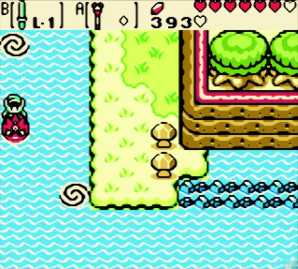 Link on Dimitri swimming past whirlpools, Rupee counter at 393 Link on Dimitri swimming past whirlpools, Rupee counter at 393