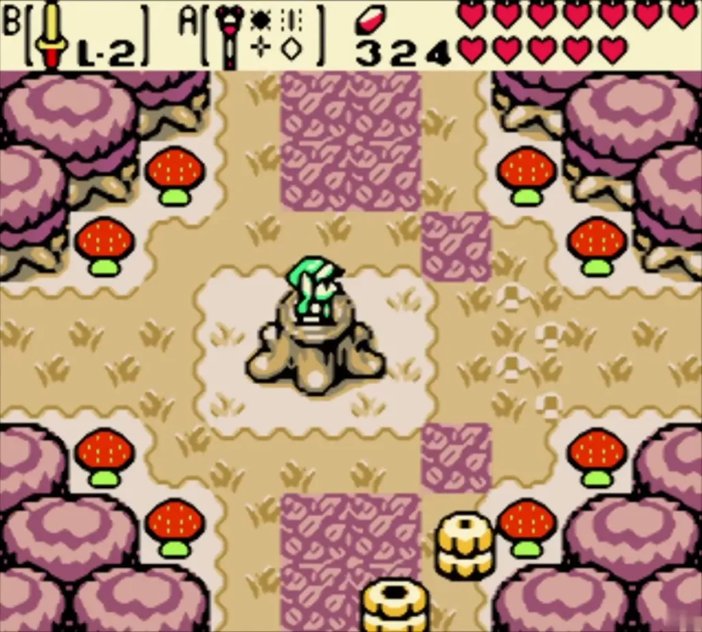 Link on the stump in the autumn forest, with the Rod of Seasons equipped