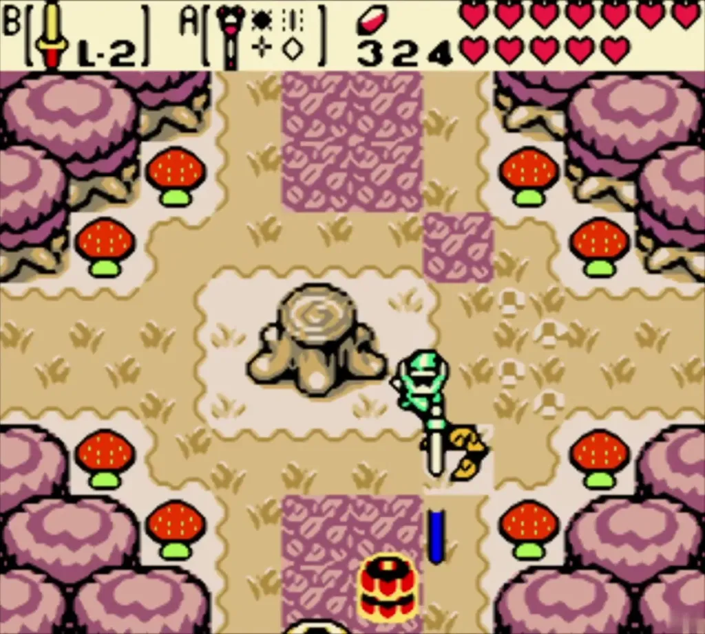 Link beside the stump in the autumn forest, with the Rod of Seasons equipped