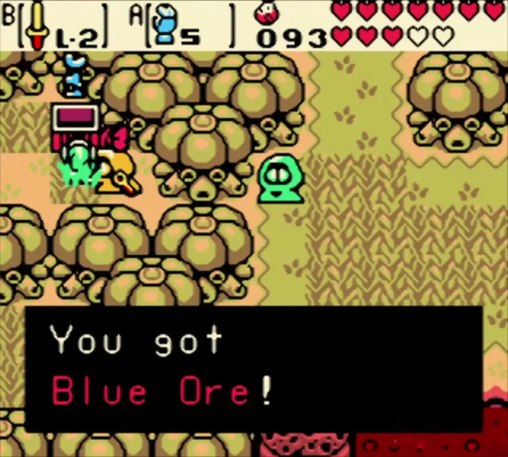 Link in the Subrosia pit field with the You got Blue Ore message fully shown