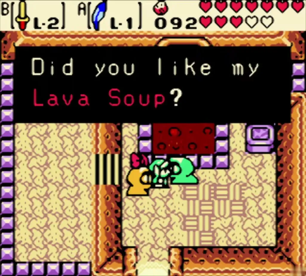 Subrosian cook and Link after the soup trade, with the cook asking about the Lava Soup