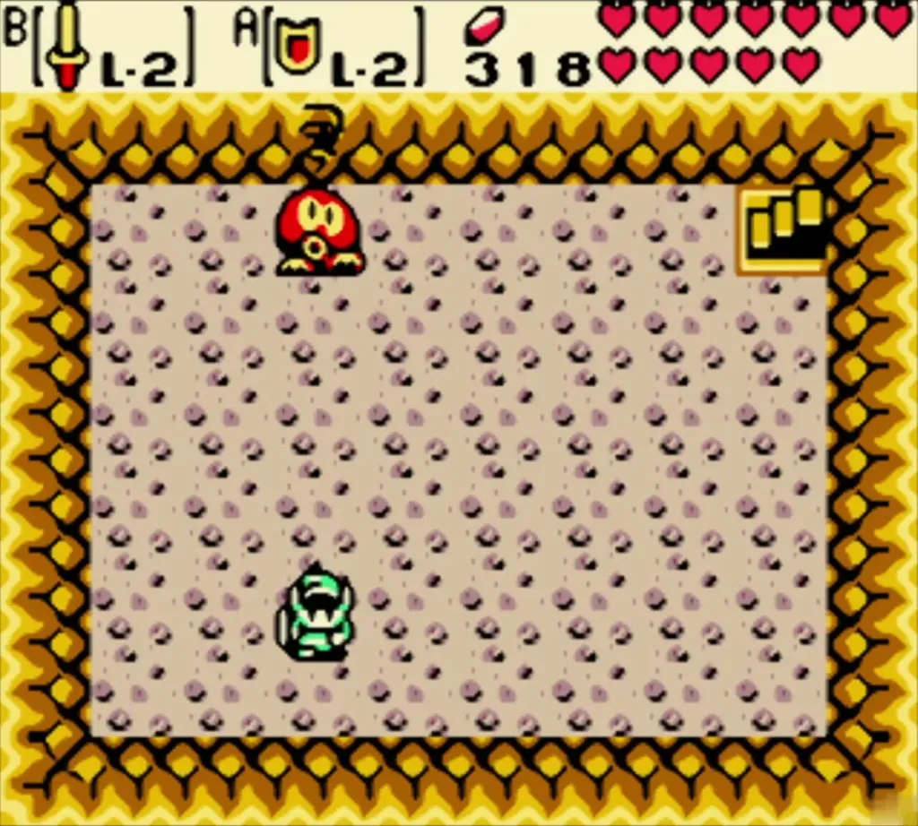 Link at the bottom of the room with the Deku Scrub above him, after the fight