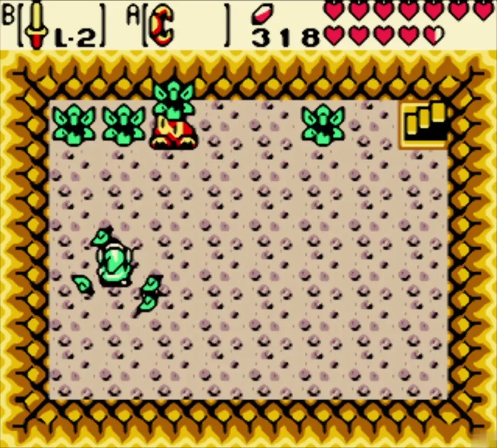 Deku Scrub at the top of the tan-floored room, with Link fighting him from below