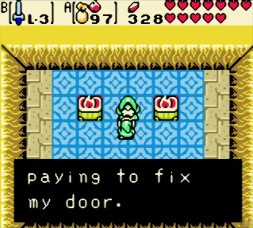 Link in the blue-floored cave with the repairman's message about paying to fix his door
