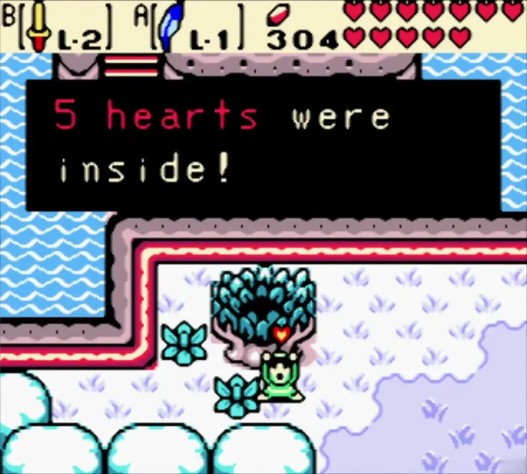 Link beside the Gasha Tree as the 5 hearts were inside message is shown