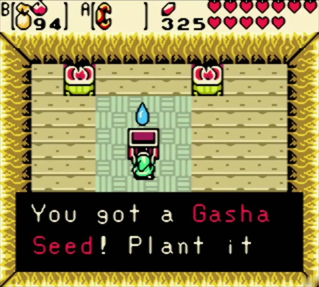 Link at the sand cave chest with the Gasha Seed message on screen, first page fully typed