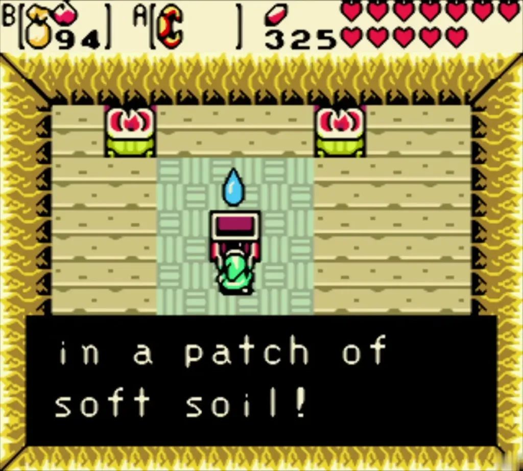 Link at the sand cave chest with the Gasha Seed message fully shown, ending in soft soil