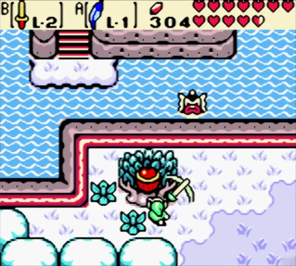 Link using a shovel beside the Gasha Tree sprouting on the snowy riverbank