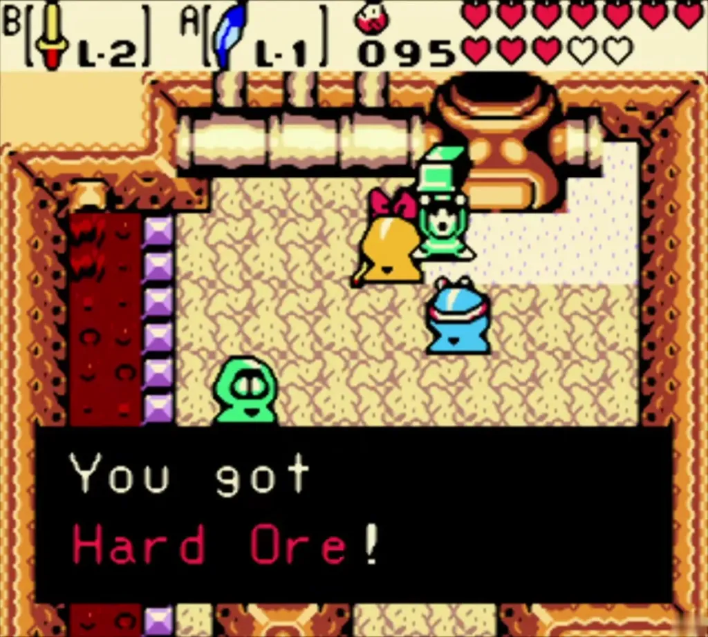 Link holding up the Hard Ore in the Subrosian smithy, with the item message fully shown
