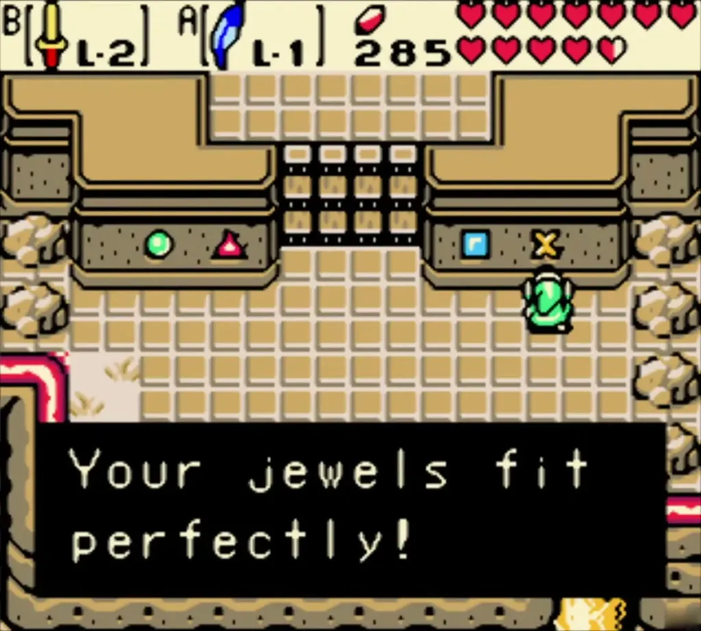 Link at the X symbol slot in the jewel room with the Your jewels fit perfectly message shown