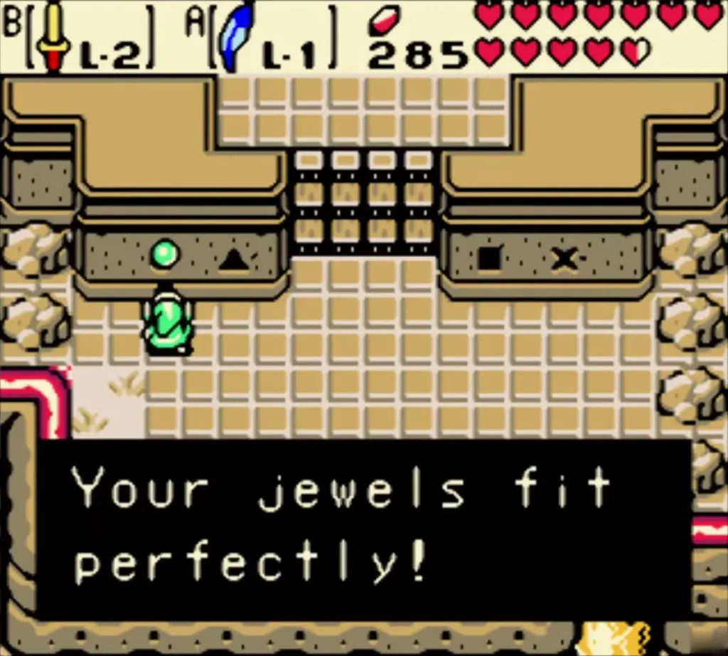 Link in the jewel-slot room with the round and triangle symbols and the Your jewels fit perfectly message