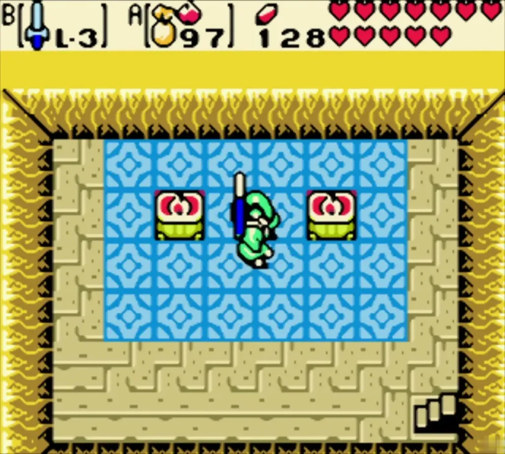 Link in the blue-floored cave after paying, with the purse down to 128 Rupees