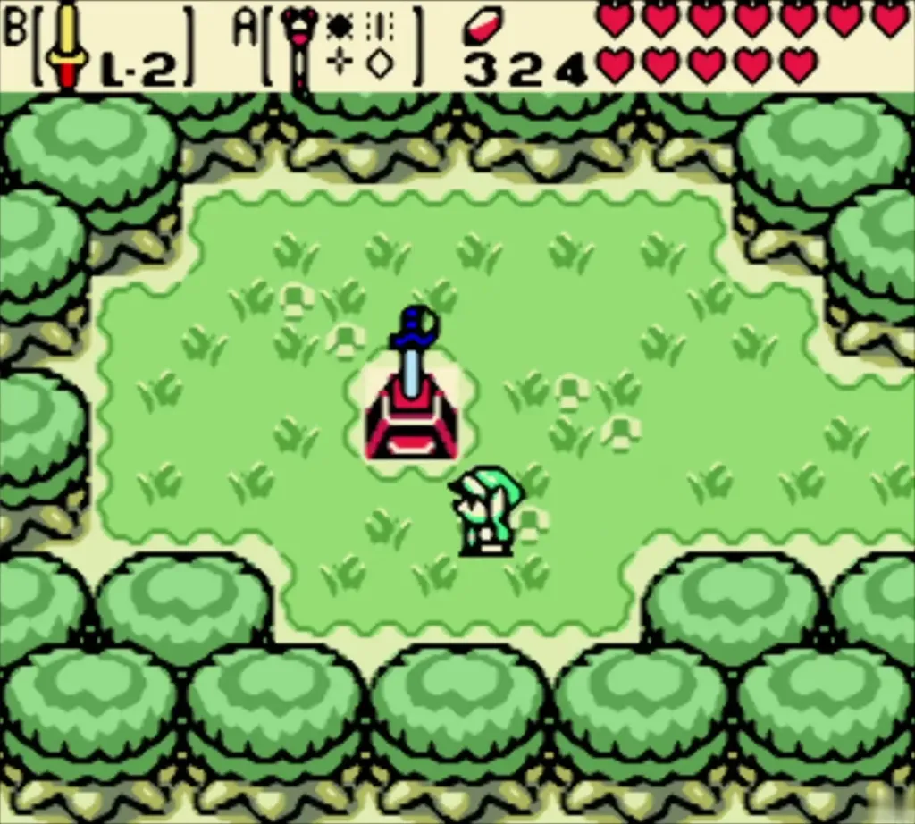 Link with the Noble Sword beside the pedestal in the forest clearing