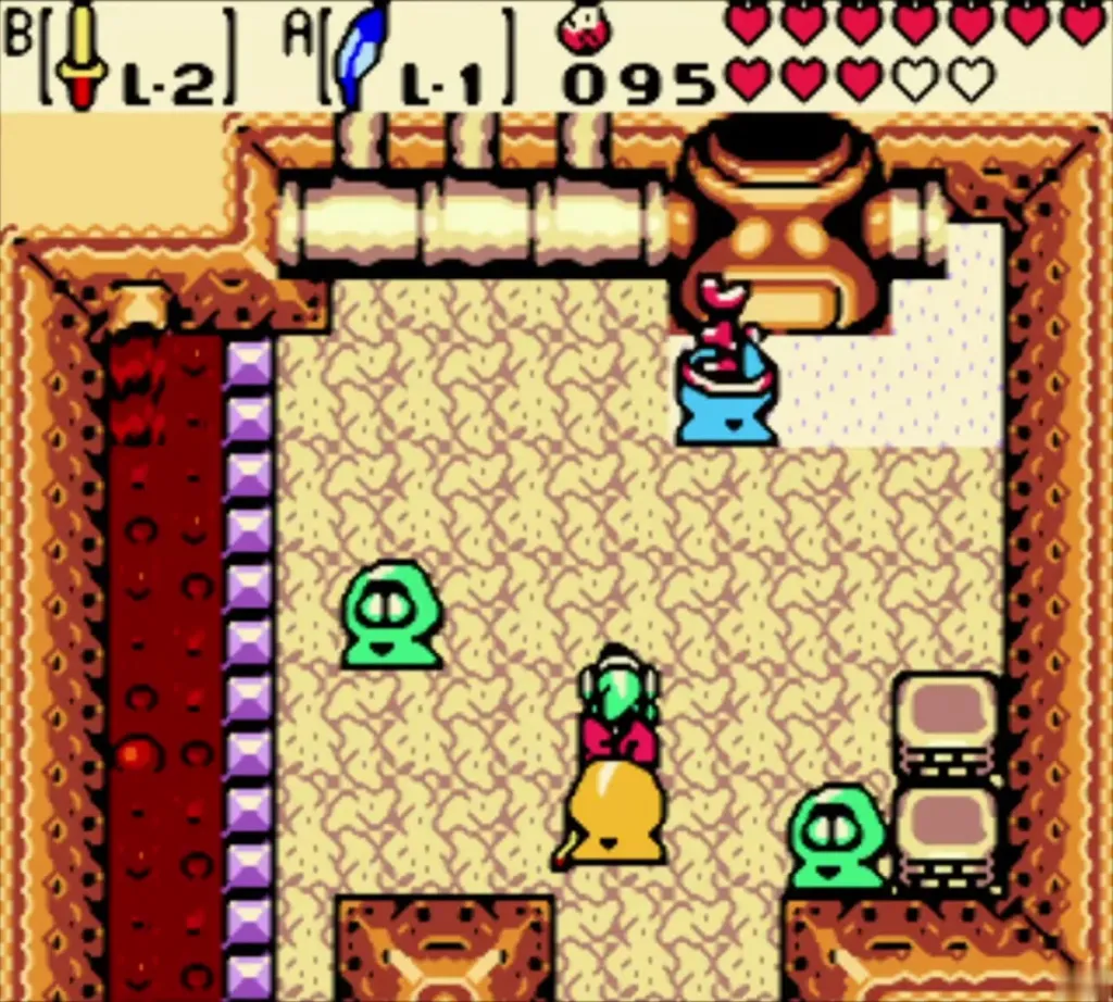 Link and the blue Subrosian at the back of the Subrosian furnace room