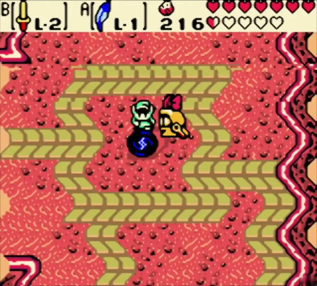 Link on the lava path beside the portal pad, with Maple nearby