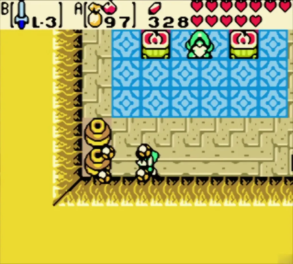 Link beside the stacked barrels at the entrance to the blue-floored cave