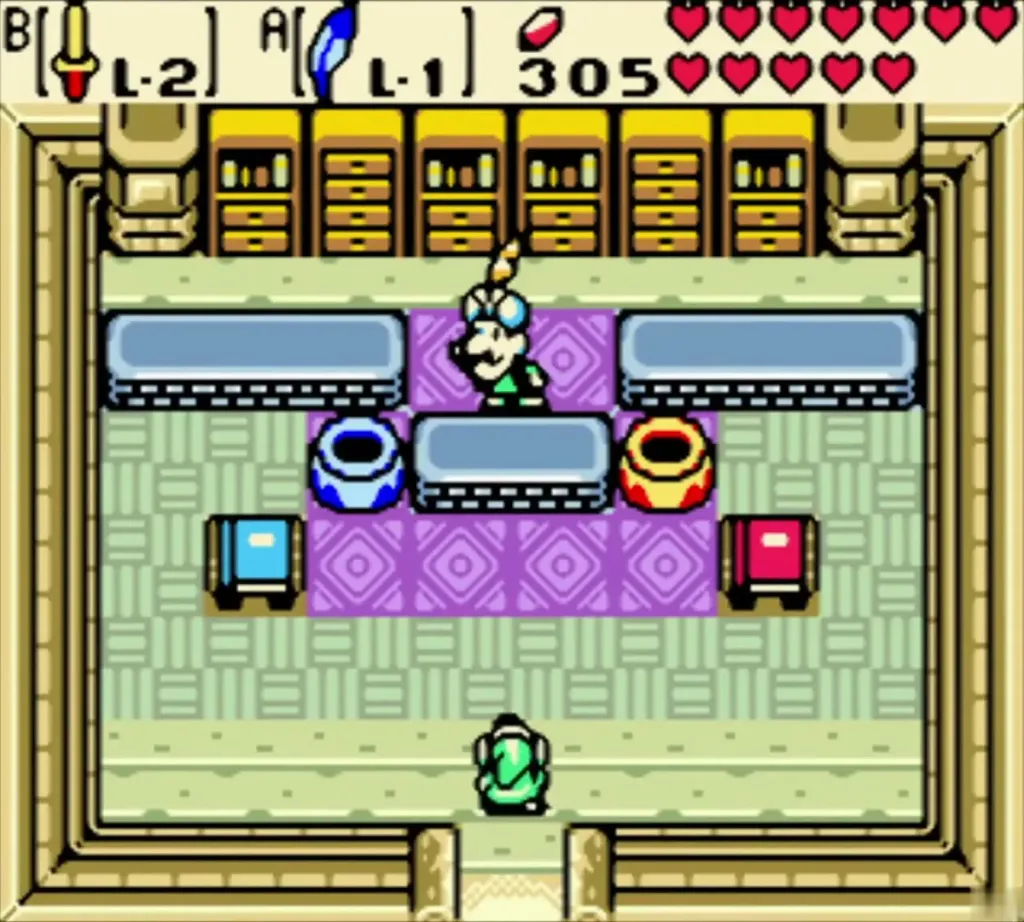 Link entering Vasu's Jewelers, with Vasu standing behind the counter