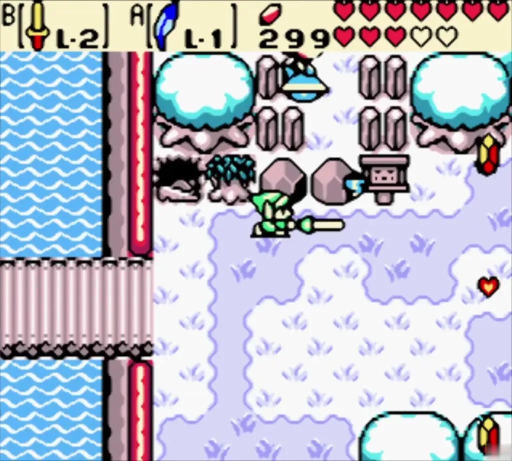 Link with his sword out on the snowy riverside, with Maple on her broom above him