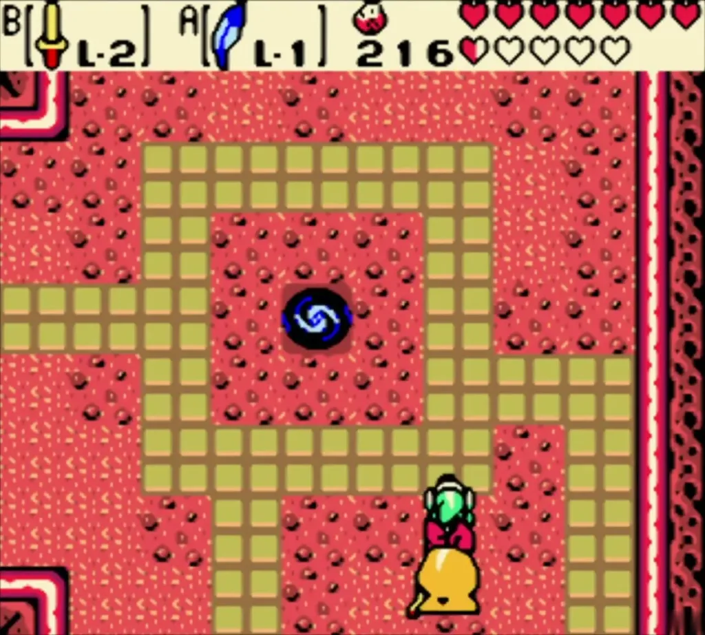 Link walking across the lava plateau in Subrosia toward the portal pad