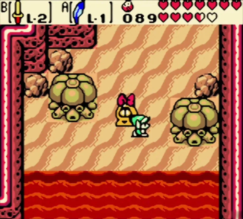 Maple walking next to Link on the sandy lava hills of Subrosia