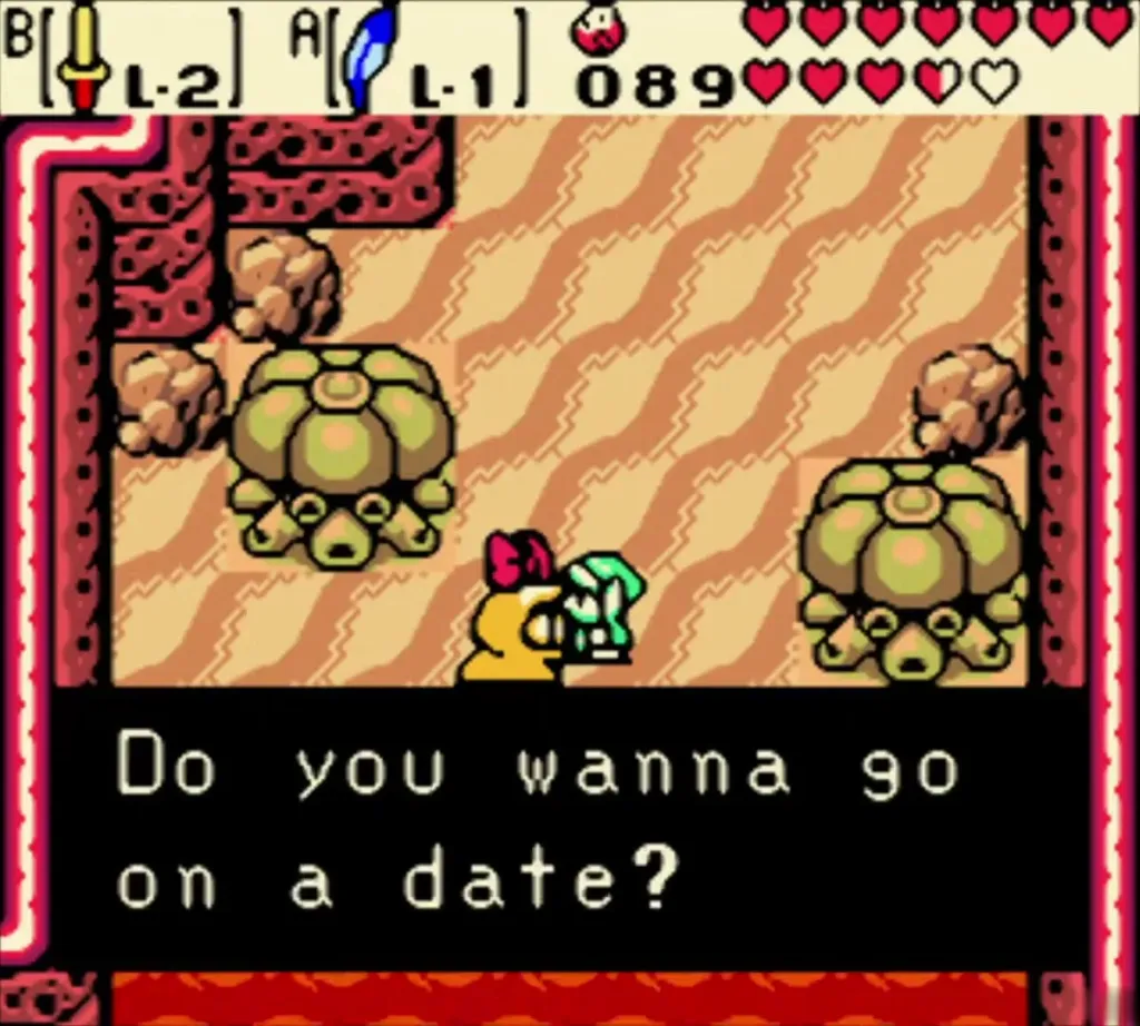 Maple beside Link on the Subrosia lava hills with her dialogue box on screen
