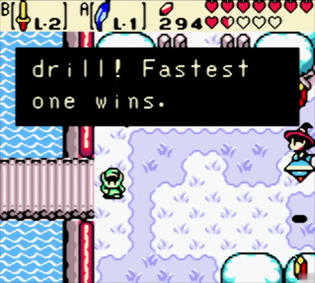 Maple on her broom beside the snowy bridge as she calls the race, with the challenge box on screen