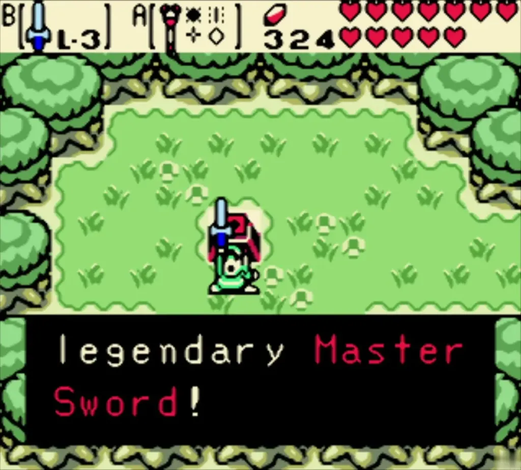 Link raising the Master Sword in the forest clearing, with the legendary Master Sword message fully shown