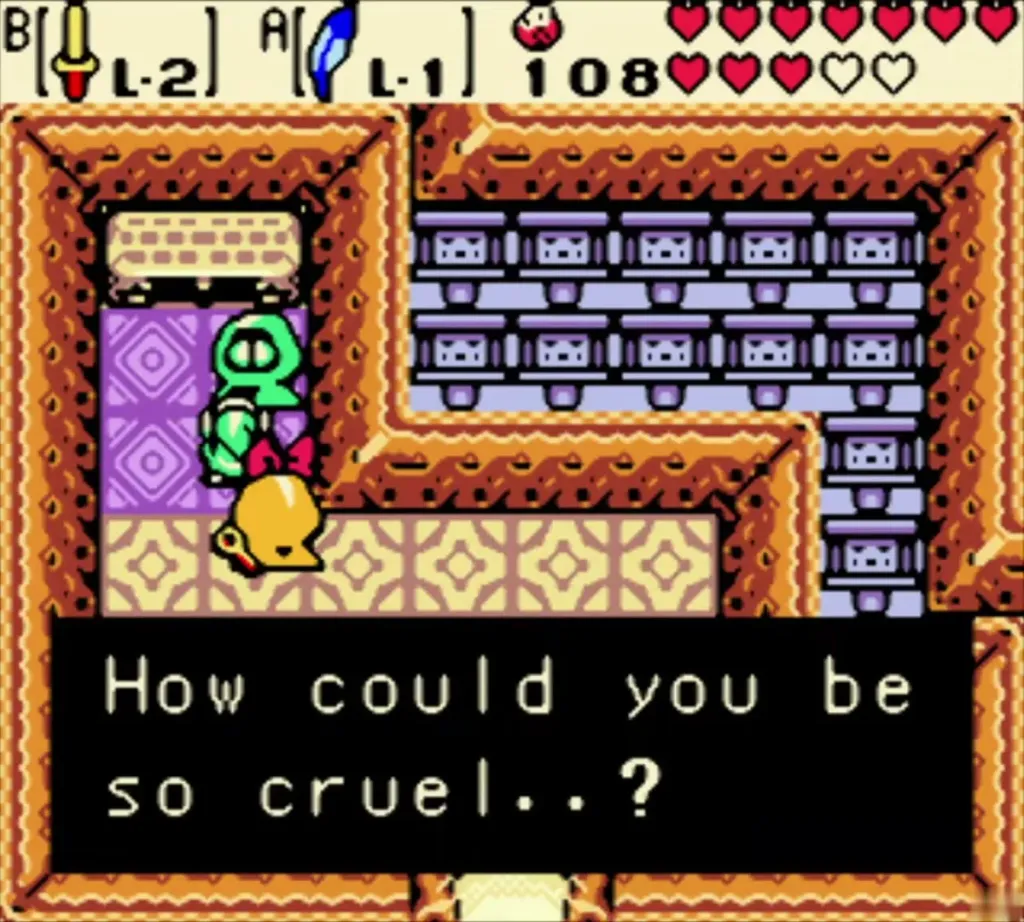 Link inside the blue-walled sign house in Subrosia with the Subrosian's complaint on screen