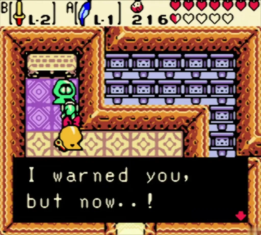 Link and the sign-loving Subrosian inside the blue-walled house, with the warning box shown