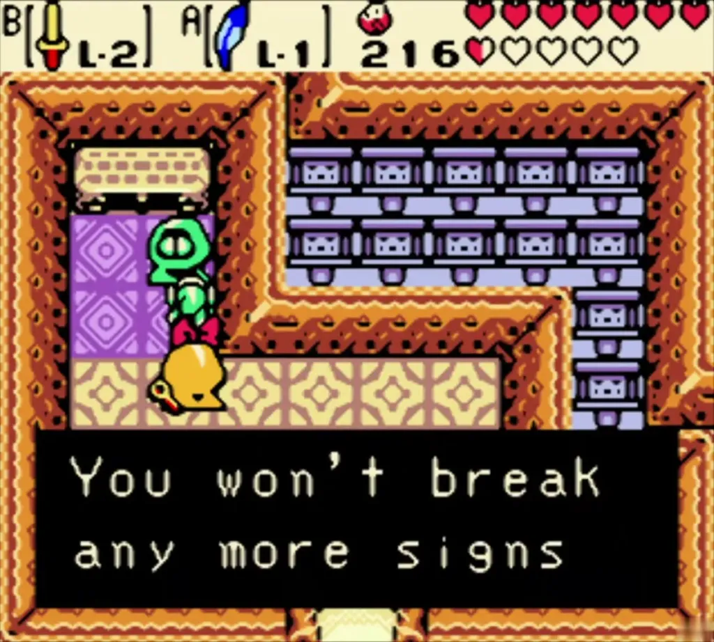 Subrosian in the sign house telling Link he will not break any more signs