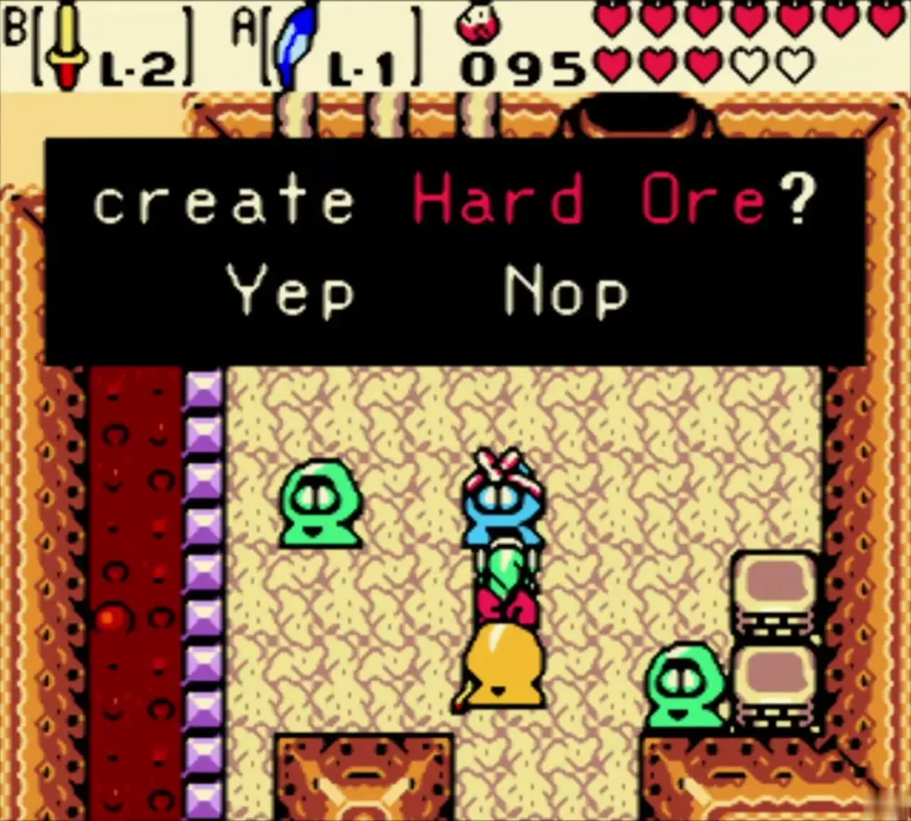 Subrosian smithy with the Create Hard Ore? Yep or Nope choice box on screen
