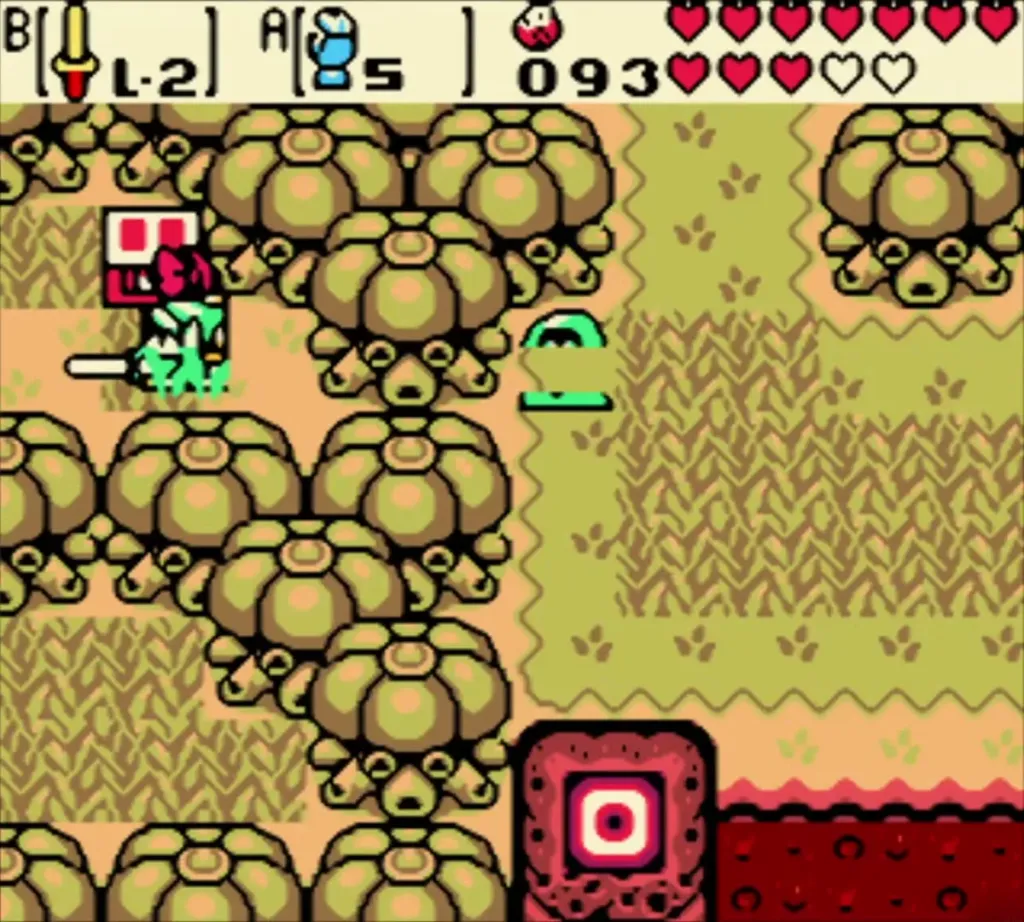 Link in the Subrosia pit field with a chest among the boulders