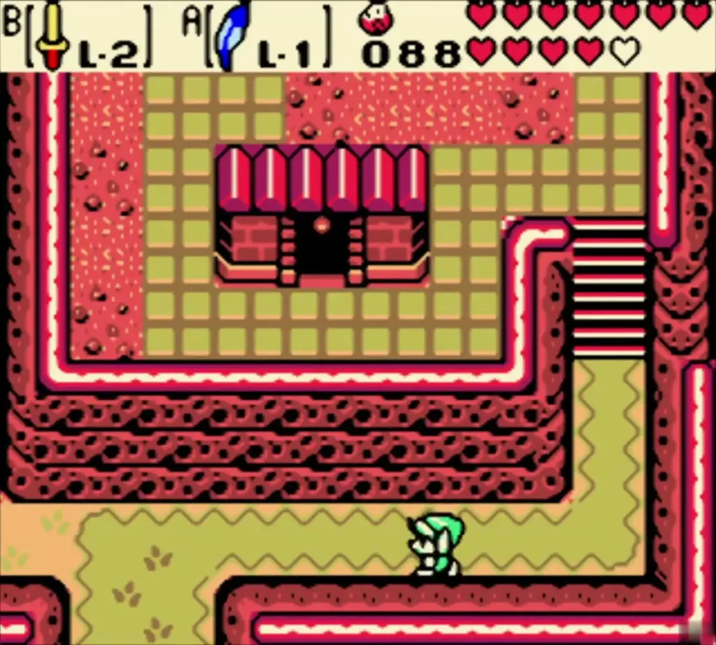 Link on the lower lava path in Subrosia, with a striped staircase to the right