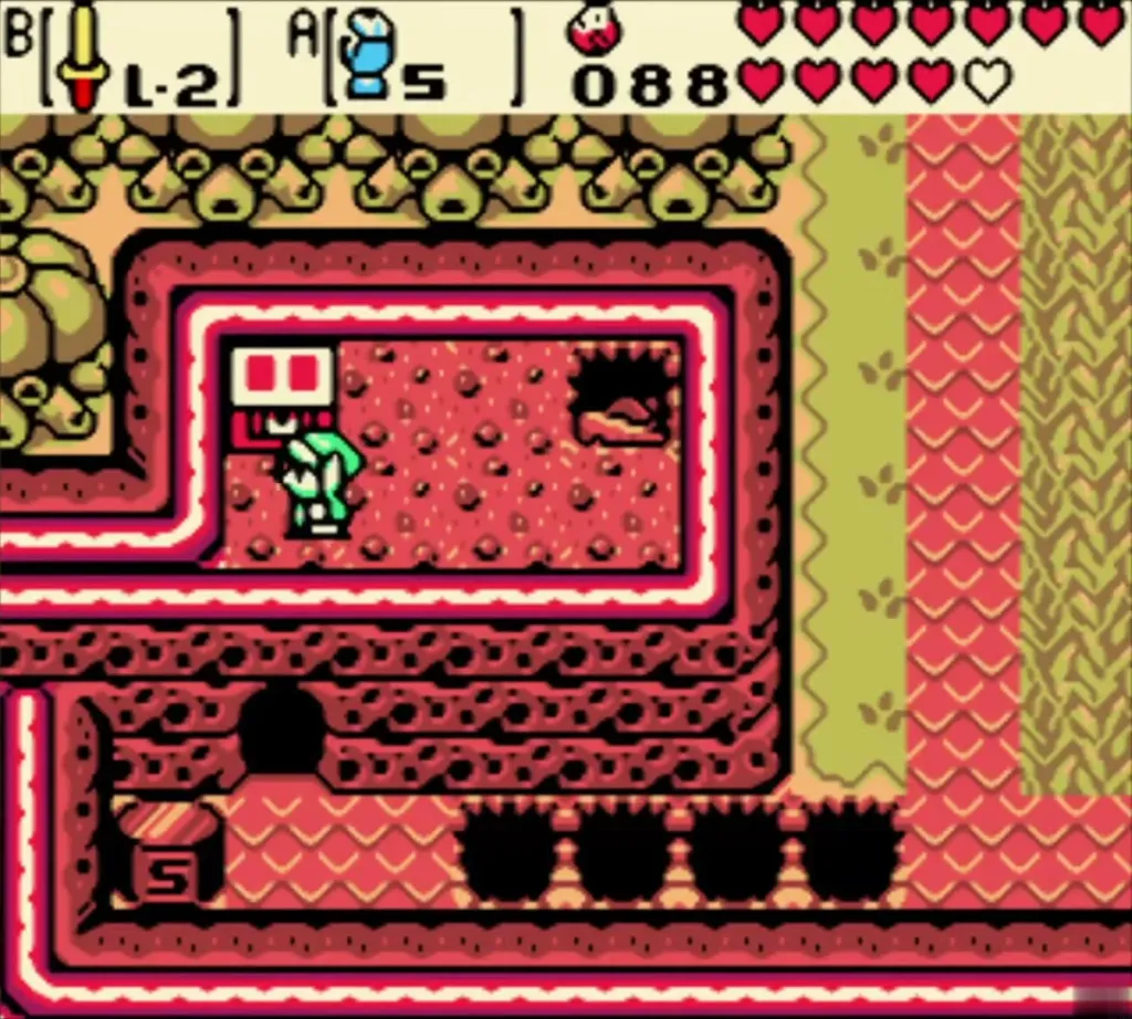 Link beside the chest in the small red-walled room in Subrosia