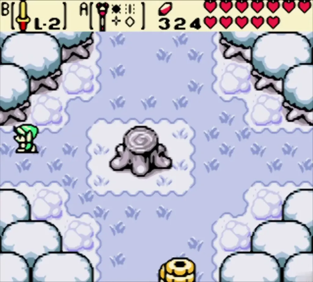 Link at the stump in the snowy winter forest after the season change