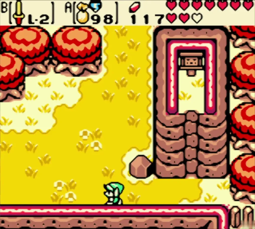 Link in the autumn fields below a stone building with a doorway Link in the autumn fields below a stone building with a doorway