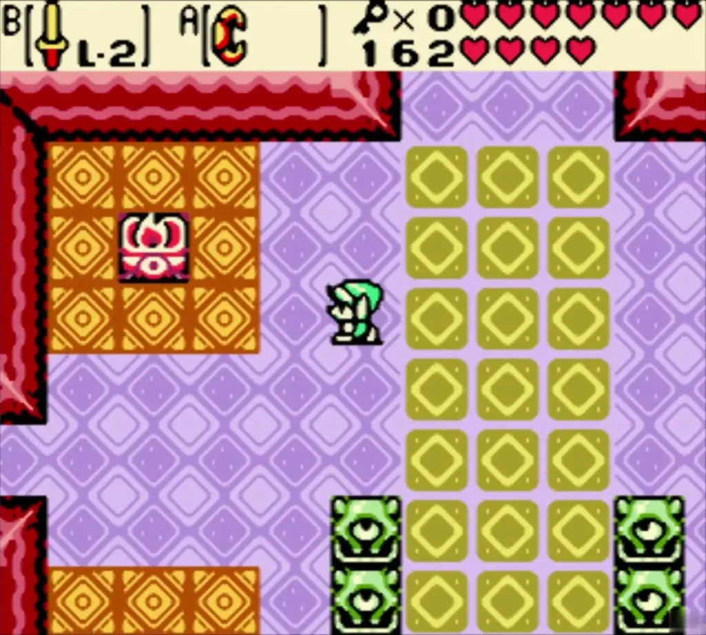 Purple and orange diamond-tiled dungeon room with green statues Purple and orange diamond-tiled dungeon room with green statues