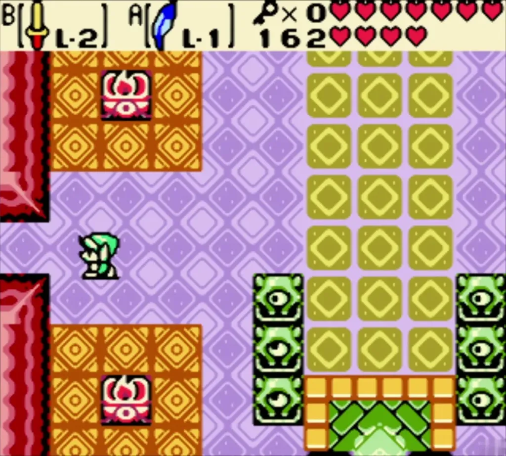 Purple dungeon room with orange tiles, a chest and green statues Purple dungeon room with orange tiles, a chest and green statues