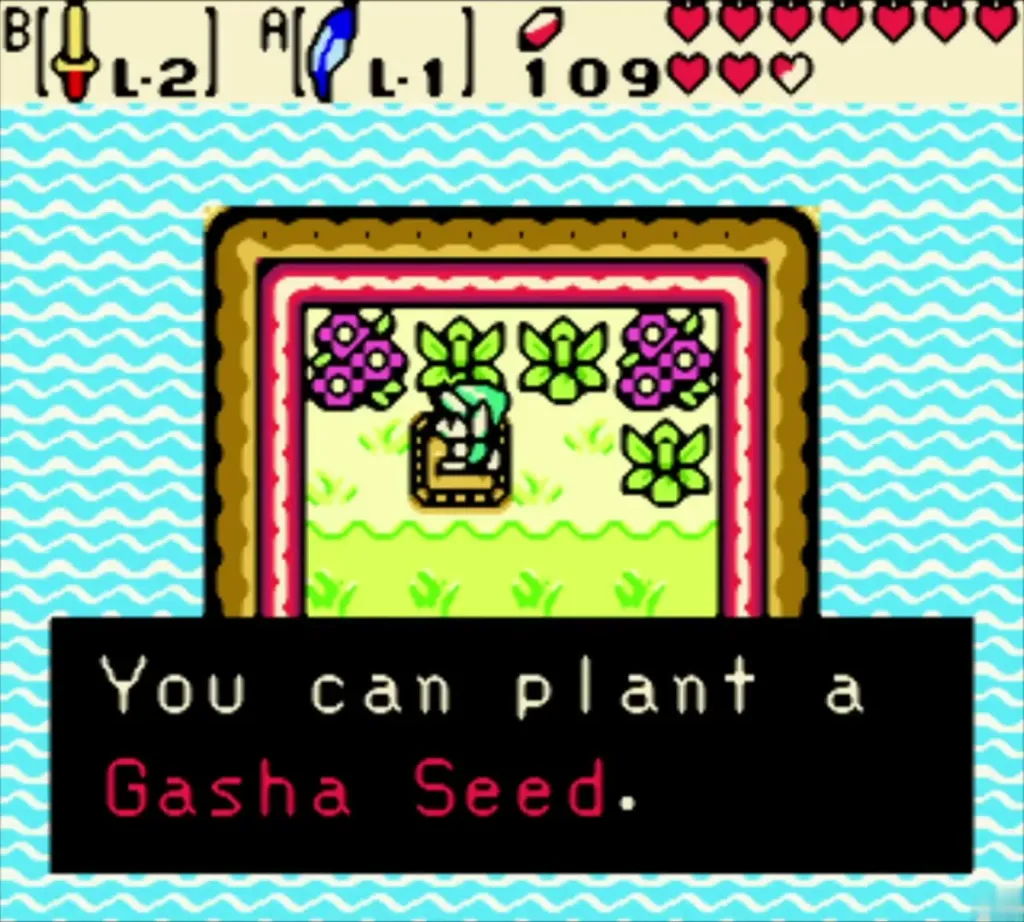 Link on the purple-flower island, text box says he can plant a Gasha Seed Link on the purple-flower island, text box says he can plant a Gasha Seed