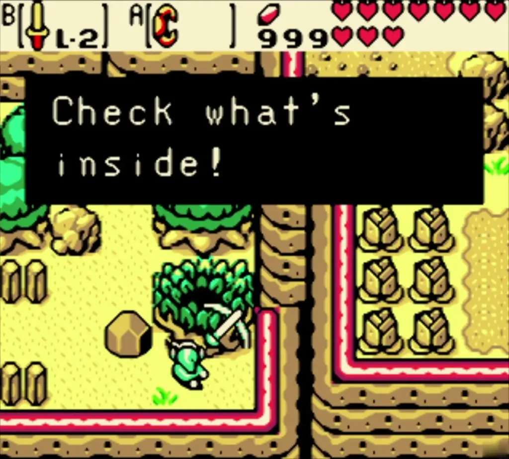 Link striking the Gasha tree as the text box says to check what's inside Link striking the Gasha tree as the text box says to check what's inside