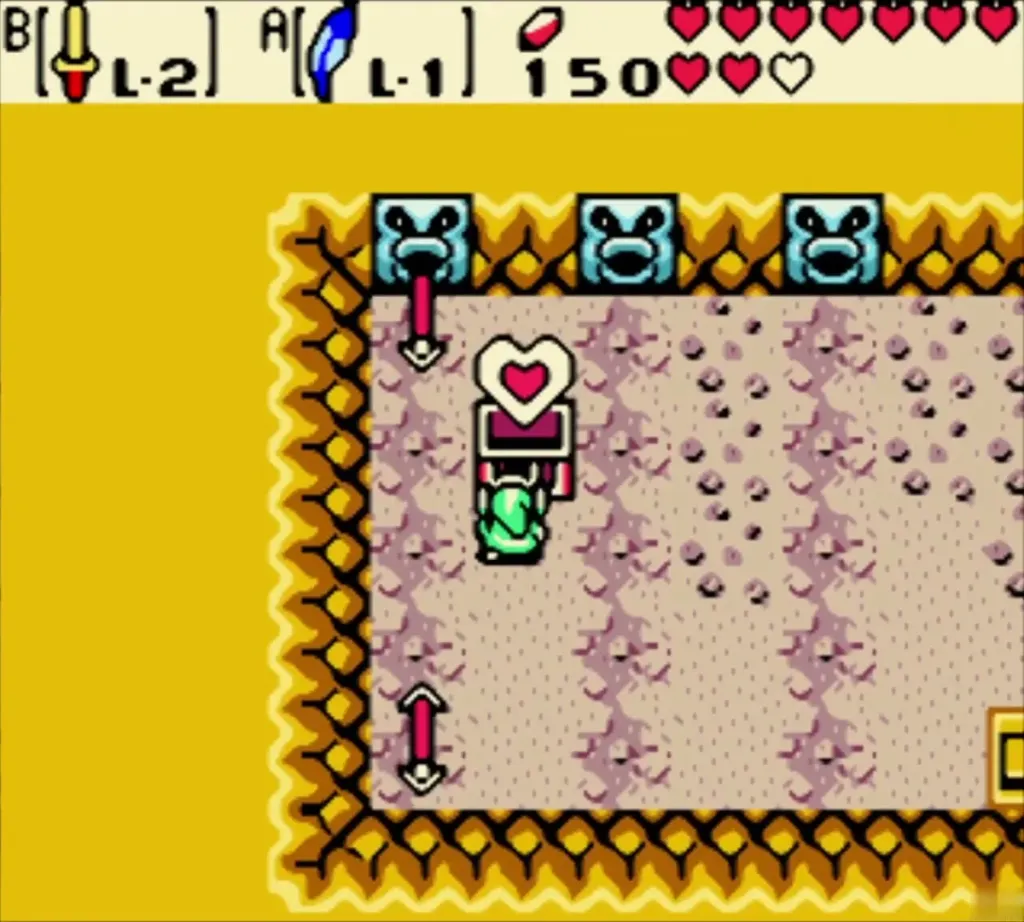 Link in the gold-walled cave with blue statues, chest in front of him Link in the gold-walled cave with blue statues, chest in front of him