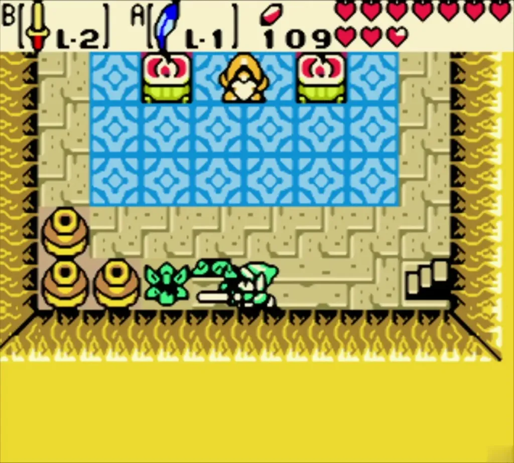 Link in a blue-tiled chamber between two red chests Link in a blue-tiled chamber between two red chests