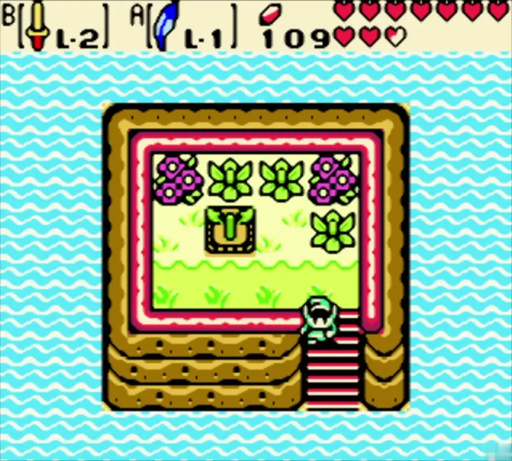 Link at the steps of the purple-flower island beside the soft soil patch Link at the steps of the purple-flower island beside the soft soil patch