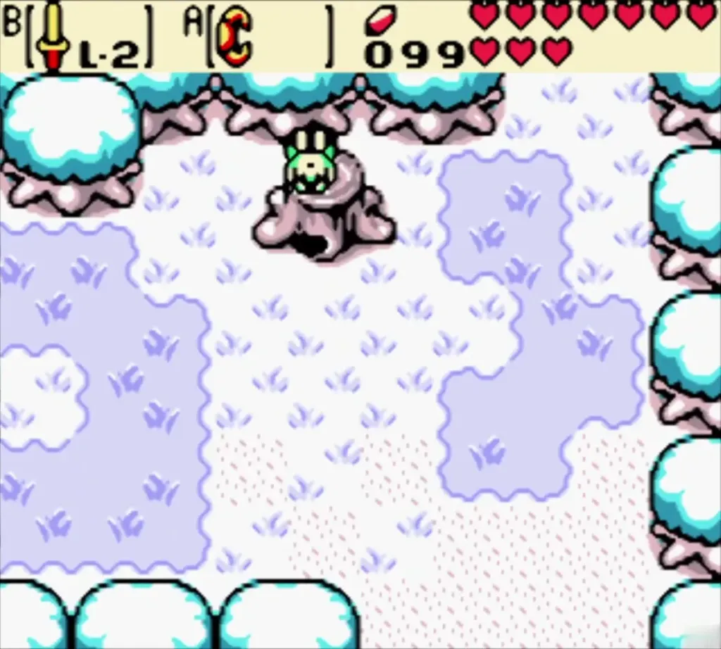 Link standing on the snowy tree stump on the winter lake shore Link standing on the snowy tree stump on the winter lake shore