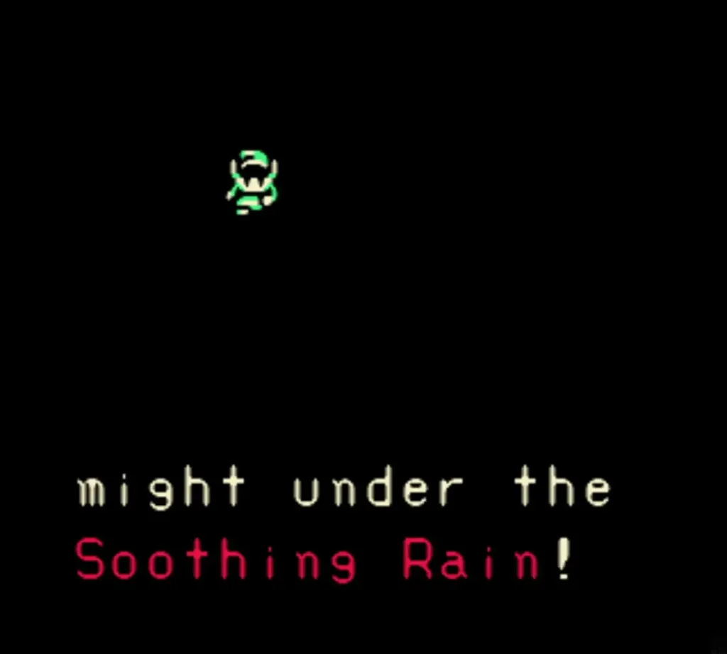 Maku Tree text on a black screen reading might under the Soothing Rain Maku Tree text on a black screen reading might under the Soothing Rain
