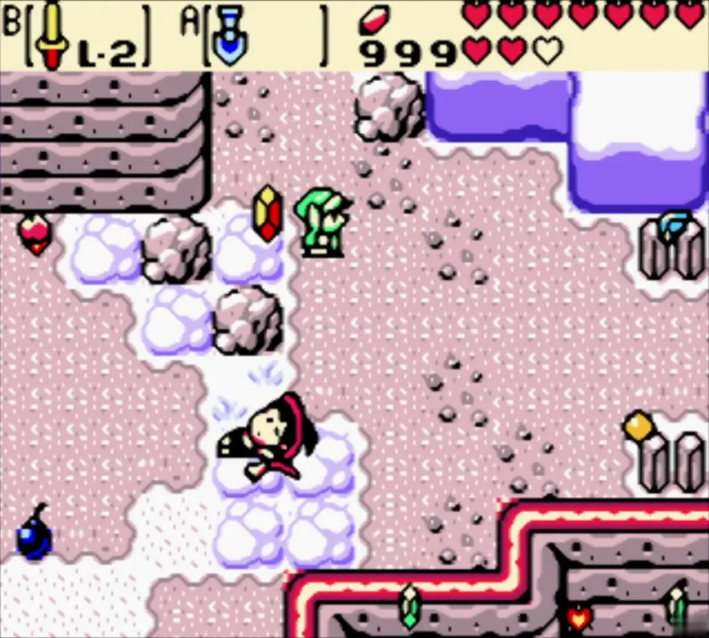 Maple racing across the snowy winter mountain with a rupee and heart nearby Maple racing across the snowy winter mountain with a rupee and heart nearby