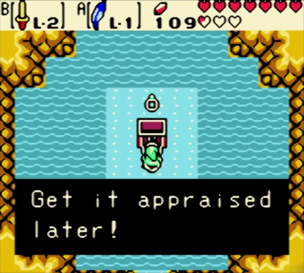 Text box says Get it appraised later after Link got a ring in the pool room Text box says Get it appraised later after Link got a ring in the pool room