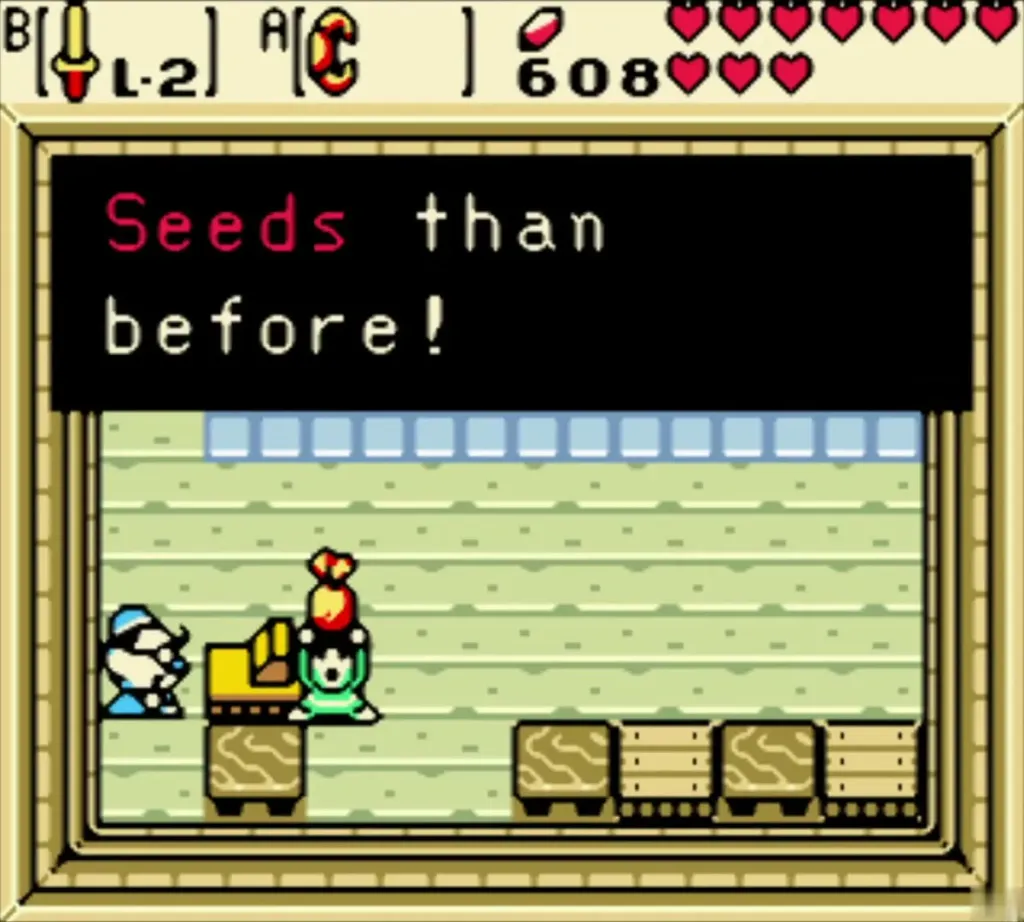 Horon Village shop back room with a text box after the Seed Satchel upgrade purchase Horon Village shop back room with a text box after the Seed Satchel upgrade purchase