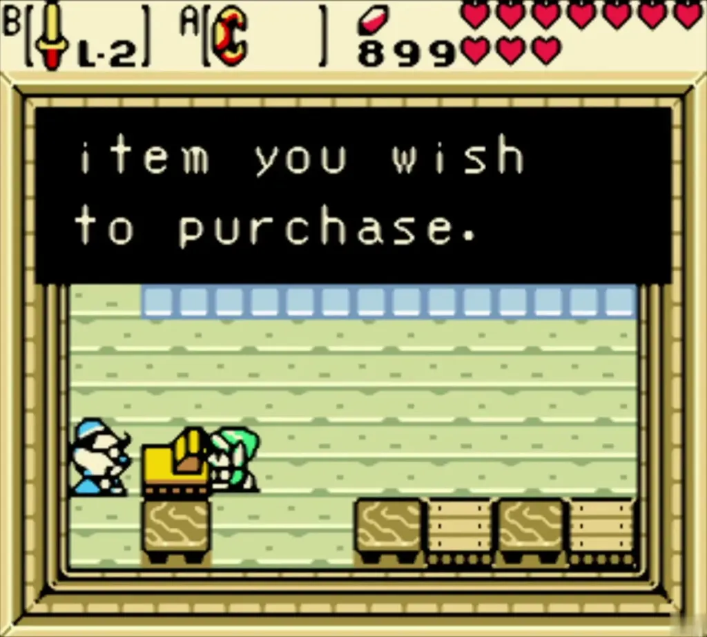 Link at the Horon Village shop counter as the shopkeeper speaks Link at the Horon Village shop counter as the shopkeeper speaks